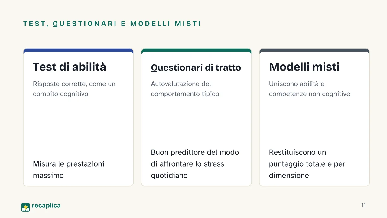 Slide 11 della presentazione su Intelligenza emotiva: Test, questionari e modelli misti: Test di abilità, Questionari di tratto, Modelli misti