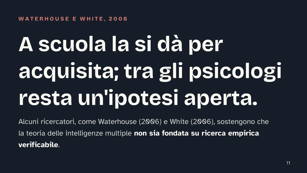 Slide 11 della presentazione su Intelligenza: A scuola la si dà per acquisita; tra gli psicologi resta un'ipotesi aperta.