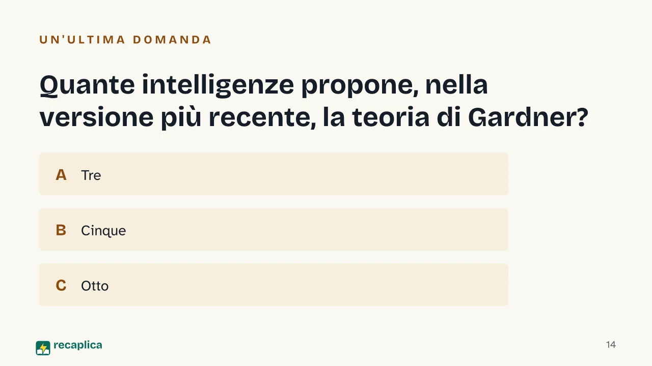 Slide 14 della presentazione su Intelligenza: Quante intelligenze propone, nella versione più recente, la teoria di Gardner?