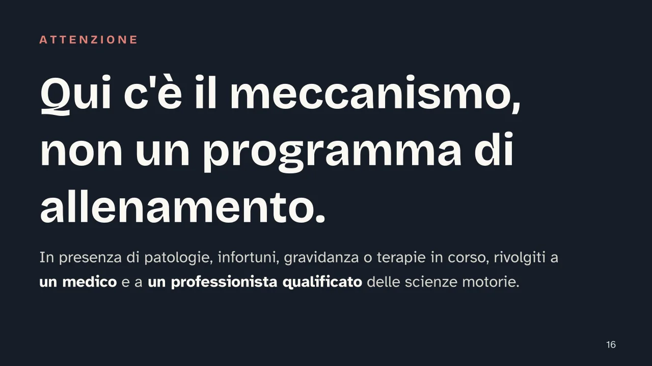Slide 16 della presentazione su Ipertrofia muscolare: Qui c'è il meccanismo, non un programma di allenamento.