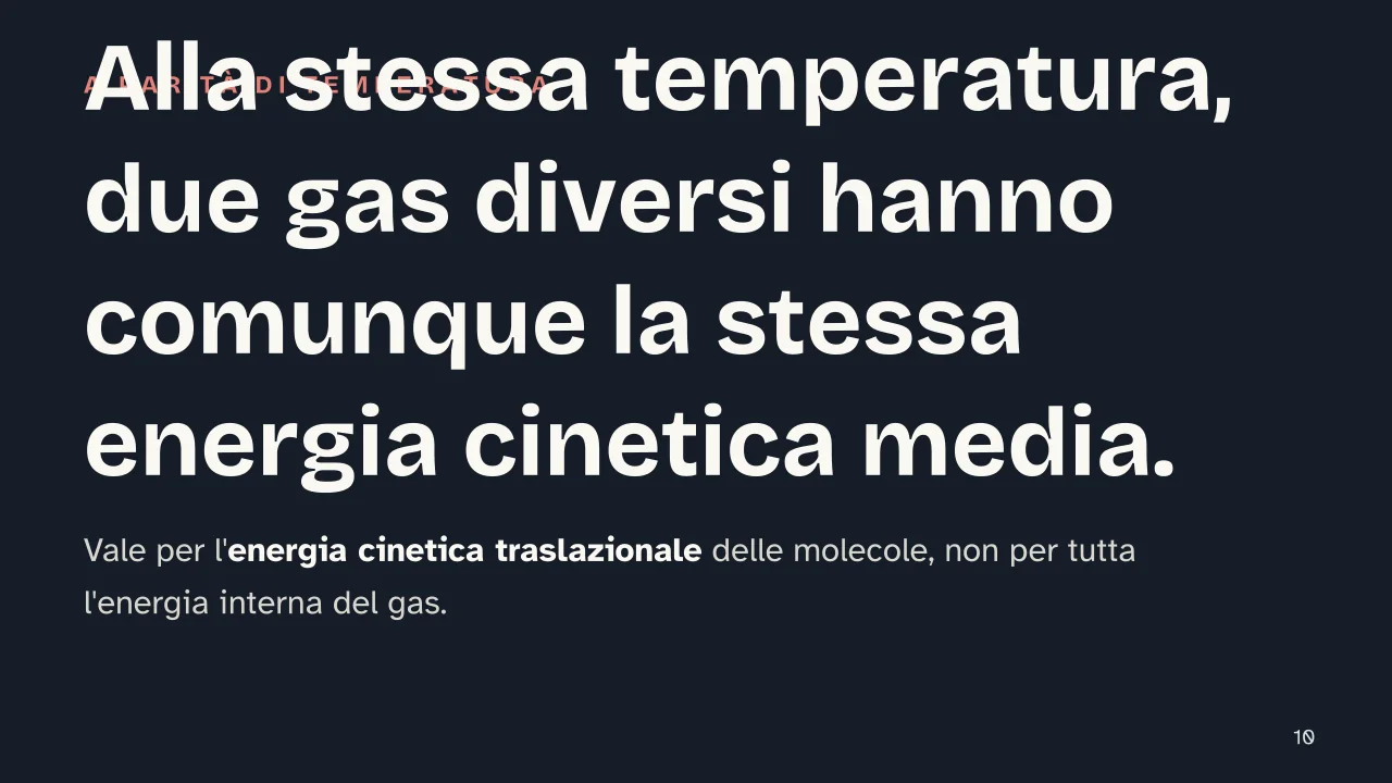 Slide 10 della presentazione su Le leggi dei gas: Alla stessa temperatura, due gas diversi hanno comunque la stessa energia cinetica media.