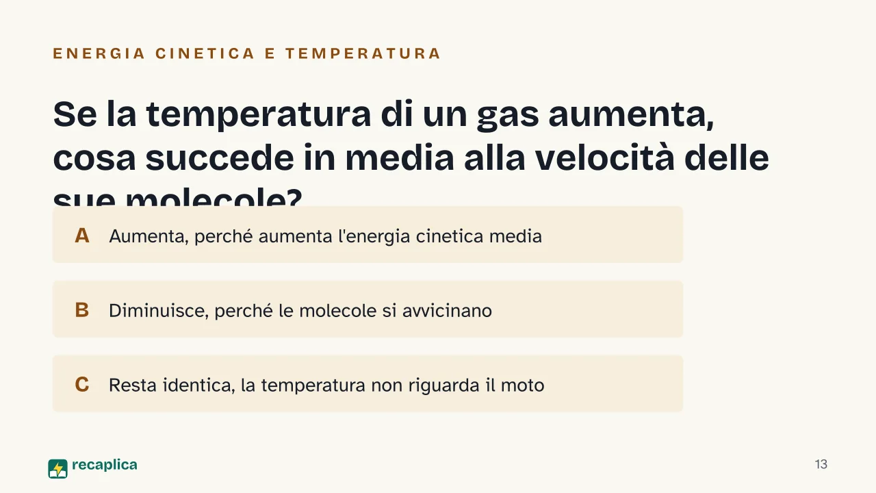 Slide 13 della presentazione su Le leggi dei gas: Se la temperatura di un gas aumenta, cosa succede in media alla velocità delle sue molecole?