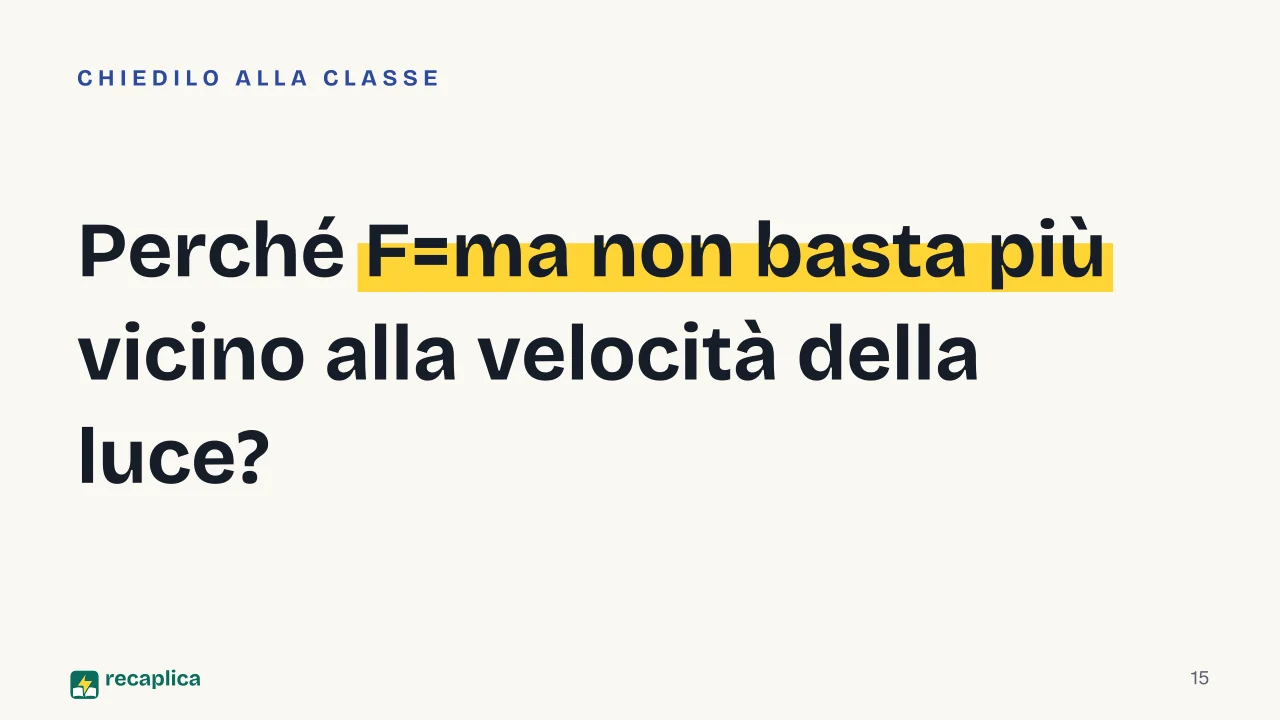 Slide 15 della presentazione su Le tre leggi di Newton: Perché F=ma non basta più vicino alla velocità della luce?