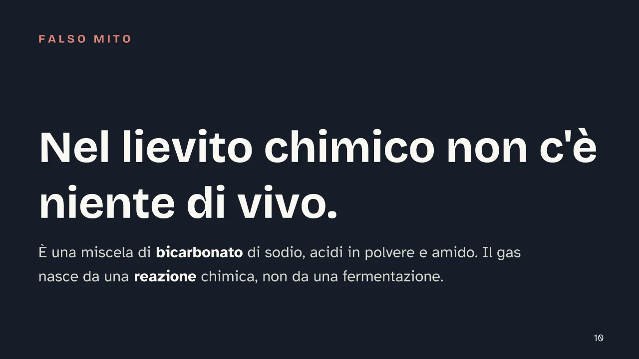 Slide 10 della presentazione su La lievitazione: Nel lievito chimico non c'è niente di vivo.