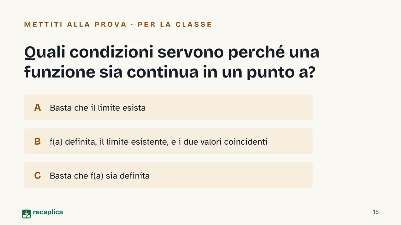 Slide 16 della presentazione su Limiti in matematica: Quali condizioni servono perché una funzione sia continua in un punto a?