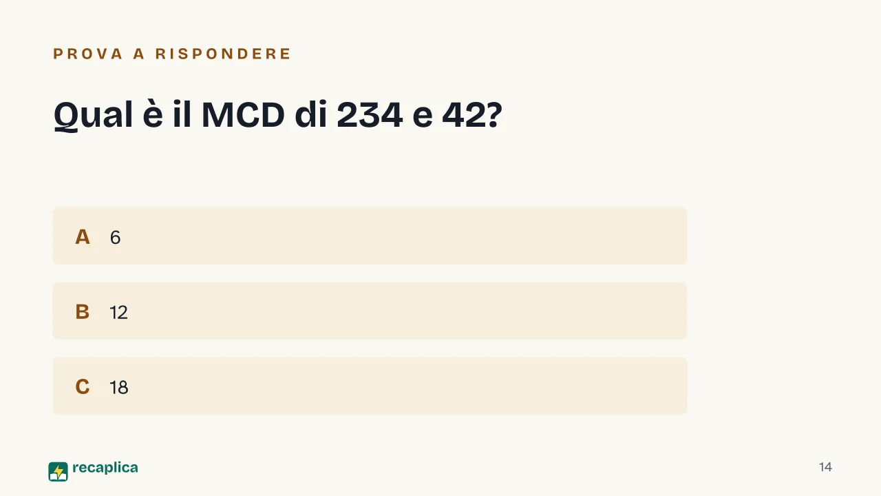 Slide 14 della presentazione su Massimo comune divisore: Qual è il MCD di 234 e 42?