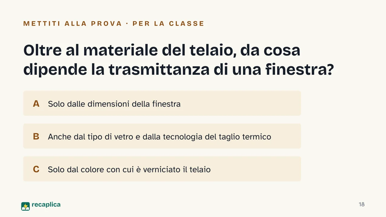 Slide 18 della presentazione su Materiali per infissi: Oltre al materiale del telaio, da cosa dipende la trasmittanza di una finestra?