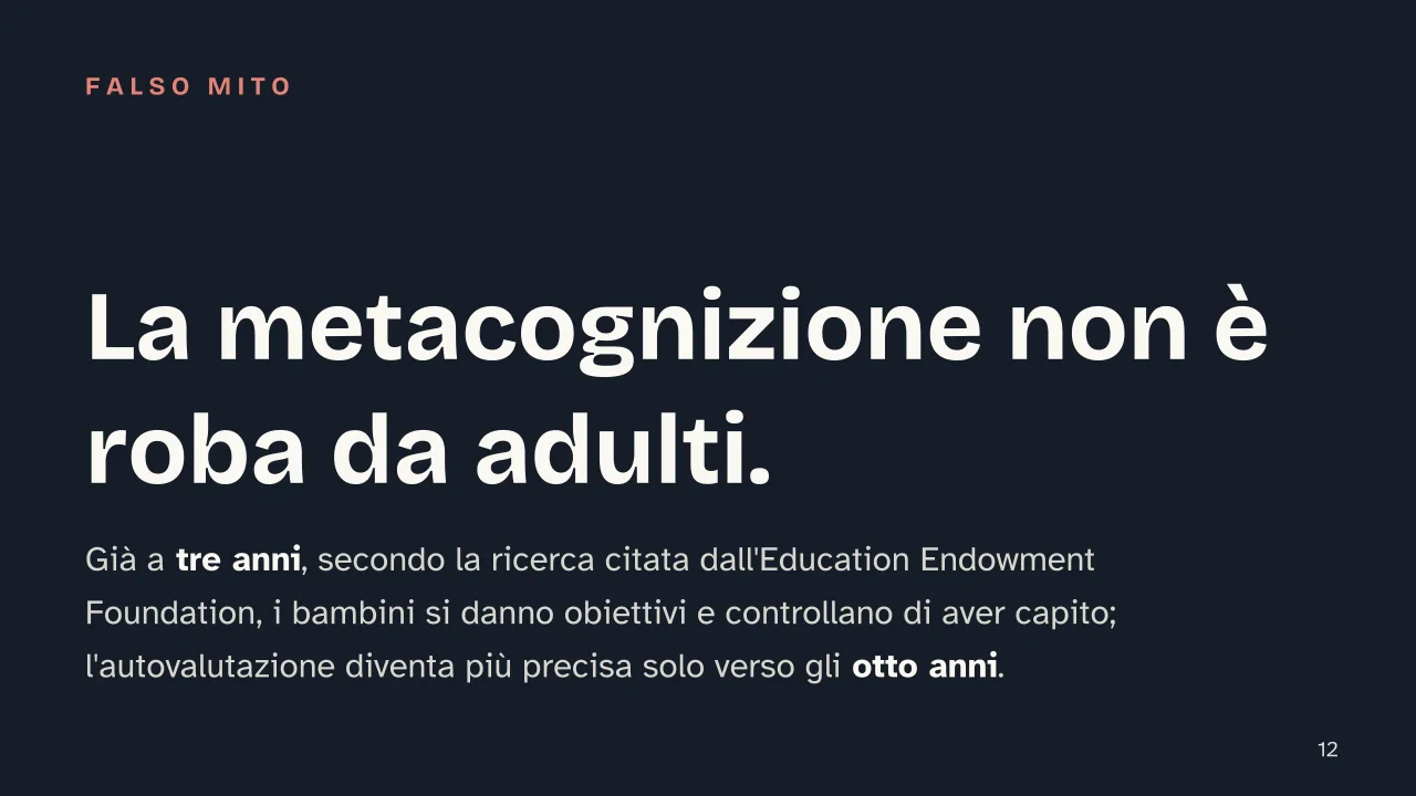 Slide 12 della presentazione su Metacognizione: La metacognizione non è roba da adulti.