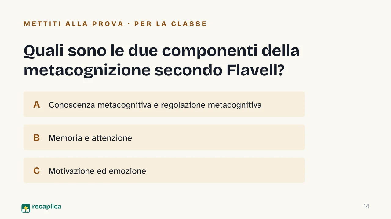 Slide 14 della presentazione su Metacognizione: Quali sono le due componenti della metacognizione secondo Flavell?