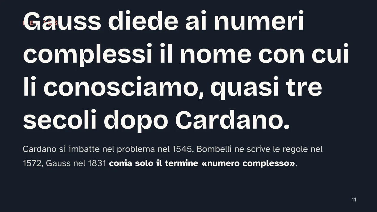 Slide 11 della presentazione su Numeri complessi: Gauss diede ai numeri complessi il nome con cui li conosciamo, quasi tre secoli dopo Cardano.