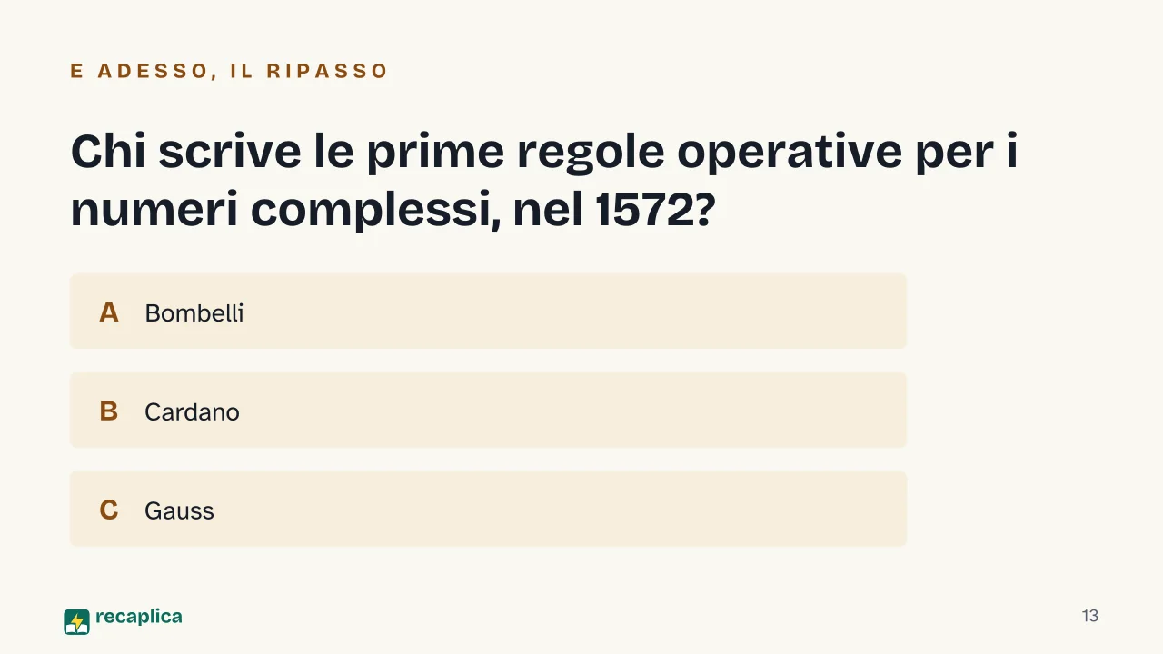 Slide 13 della presentazione su Numeri complessi: Chi scrive le prime regole operative per i numeri complessi, nel 1572?