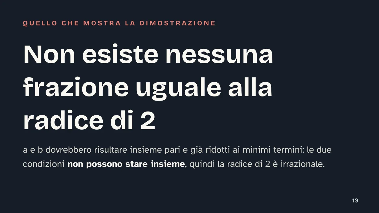 Slide 10 della presentazione su Numeri irrazionali: Non esiste nessuna frazione uguale alla radice di 2