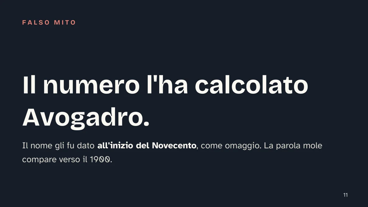 Slide 11 della presentazione su Numero di Avogadro e mole: Il numero l'ha calcolato Avogadro.