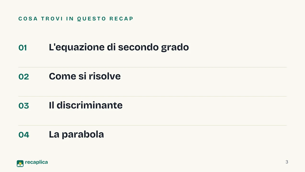 Slide 3 della presentazione su Parabola e equazioni di secondo grado: Cosa trovi in questo Recap