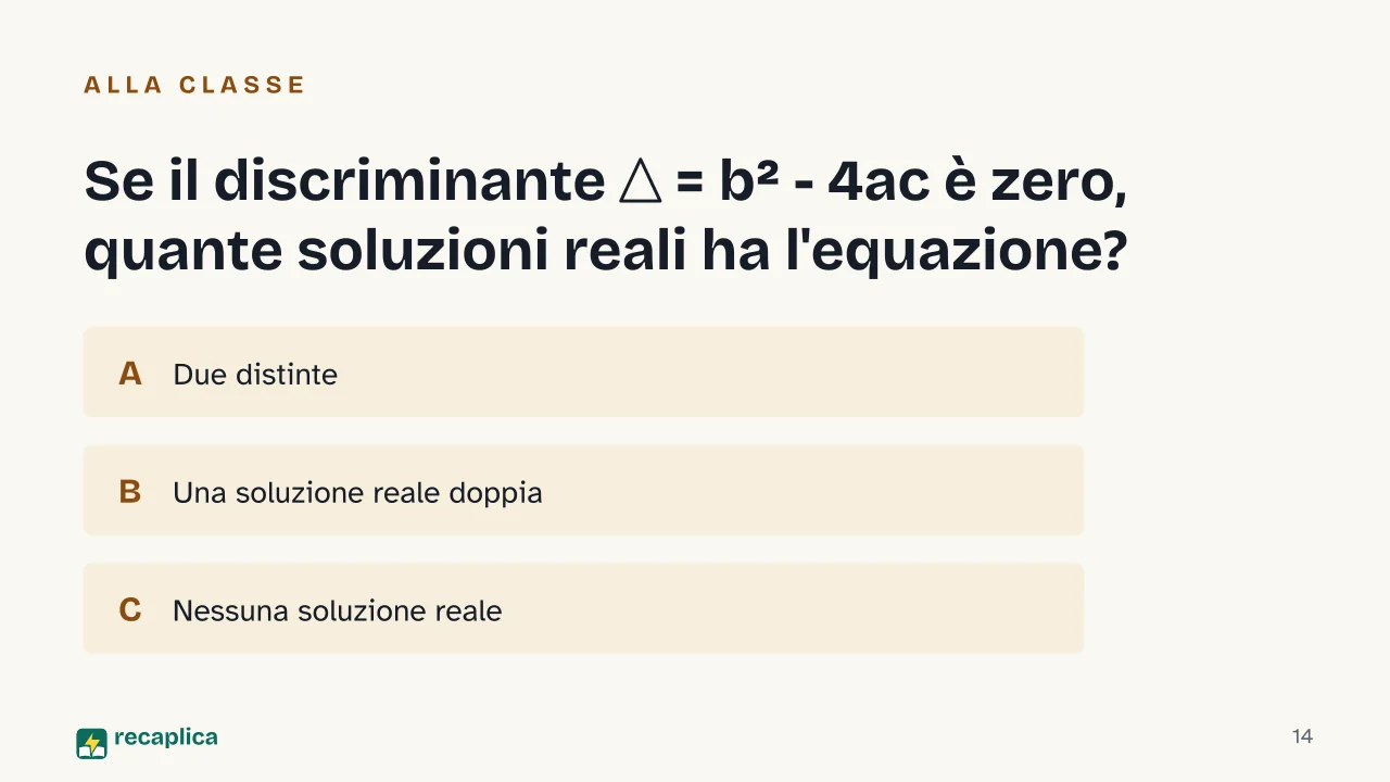 Slide 14 della presentazione su Parabola e equazioni di secondo grado: Se il discriminante Δ = b² - 4ac è zero, quante soluzioni reali ha l'equazione?