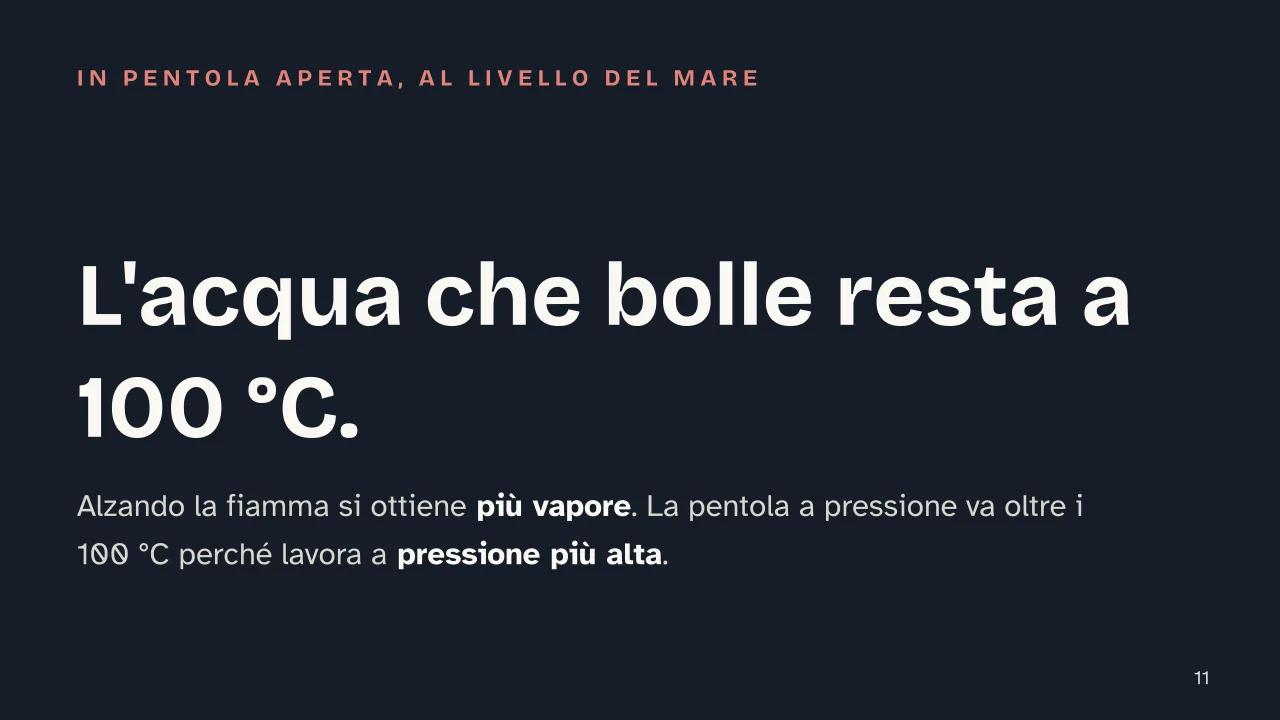 Slide 11 della presentazione su Passaggi di stato e stati della materia: L'acqua che bolle resta a 100 °C.