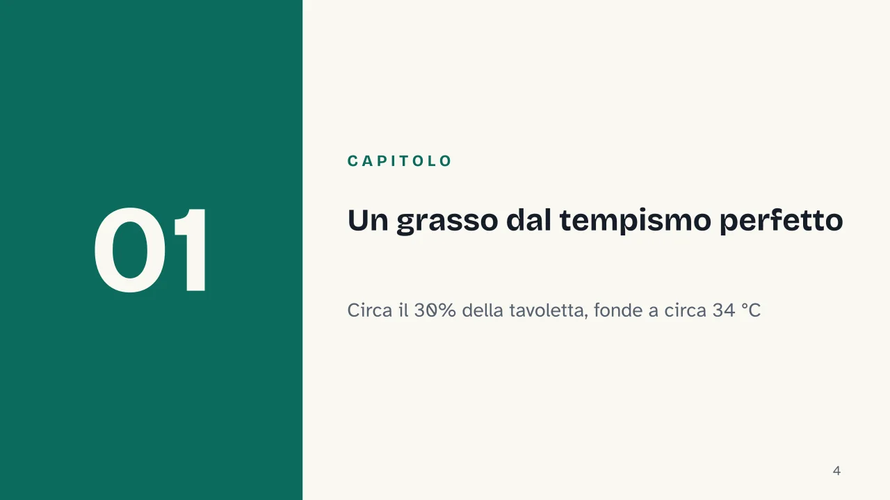 Slide 4 della presentazione su Perché il cioccolato si scioglie in bocca: Capitolo 01: Un grasso dal tempismo perfetto