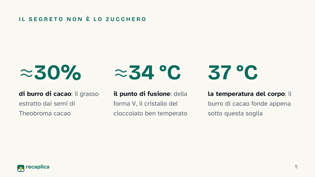 Slide 5 della presentazione su Perché il cioccolato si scioglie in bocca: Il segreto non è lo zucchero