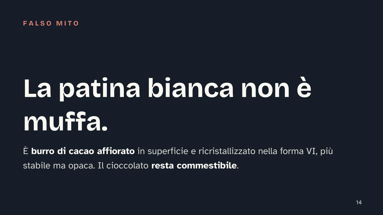 Slide 14 della presentazione su Perché il cioccolato si scioglie in bocca: La patina bianca non è muffa.