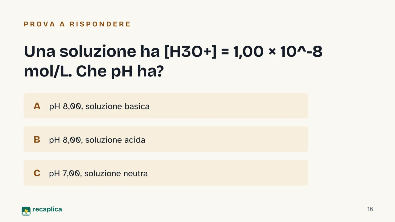 Slide 16 della presentazione su pH: Una soluzione ha [H3O+] = 1,00 × 10^-8 mol/L. Che pH ha?