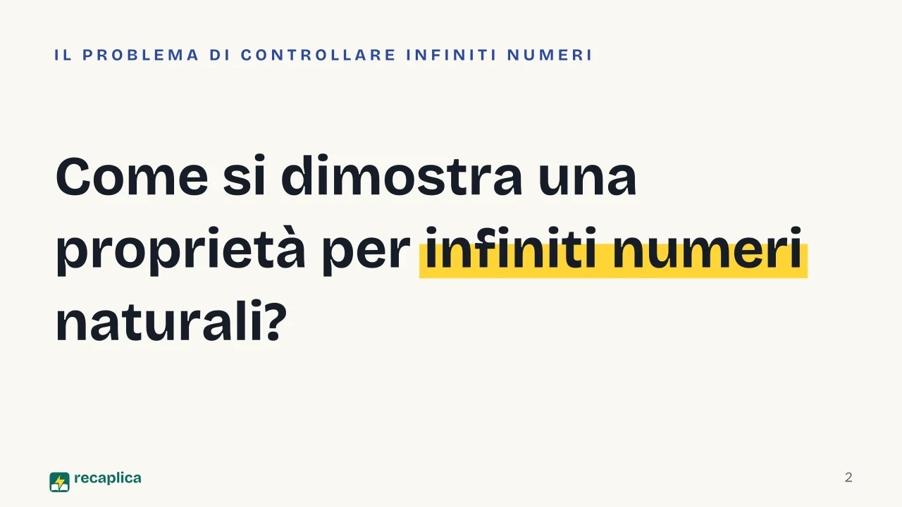 Slide 2 della presentazione su Principio di induzione: Come si dimostra una proprietà per infiniti numeri naturali?