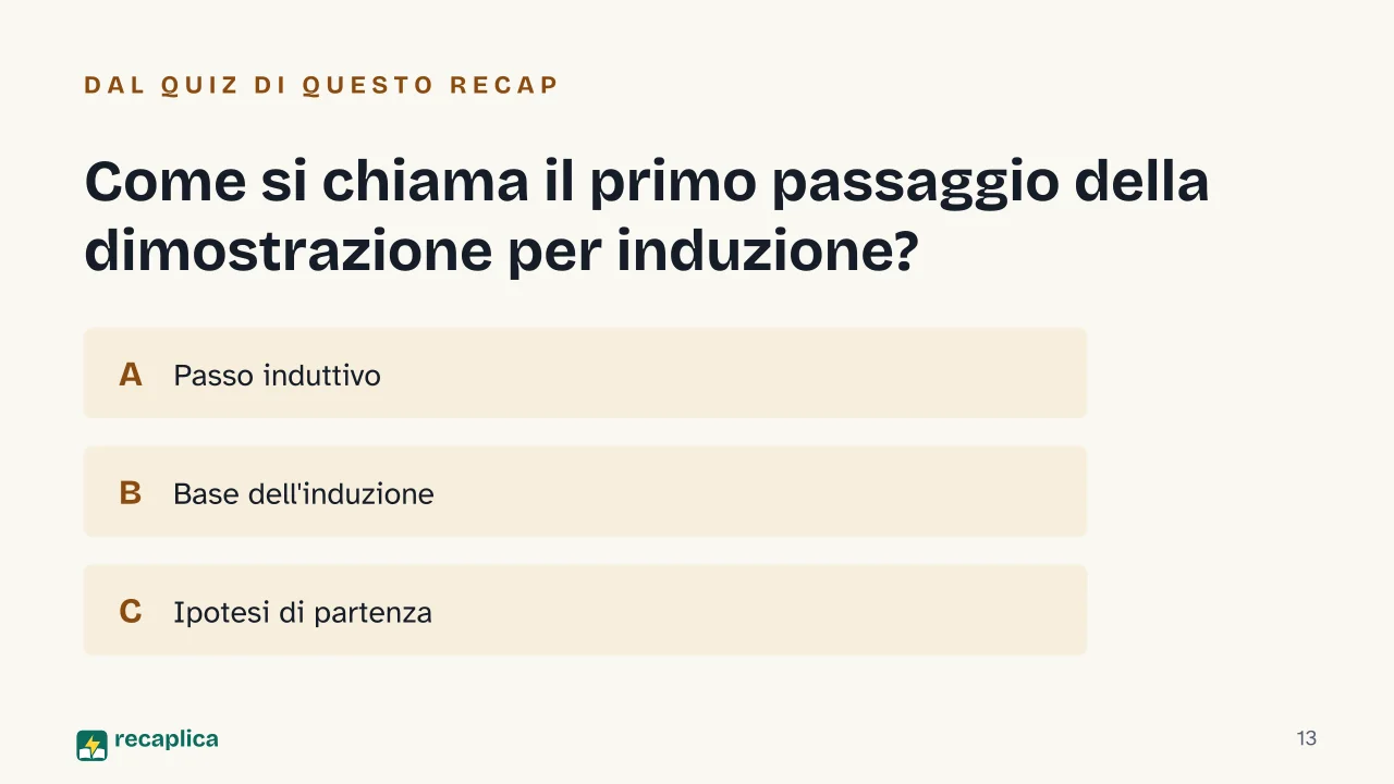 Slide 13 della presentazione su Principio di induzione: Come si chiama il primo passaggio della dimostrazione per induzione?