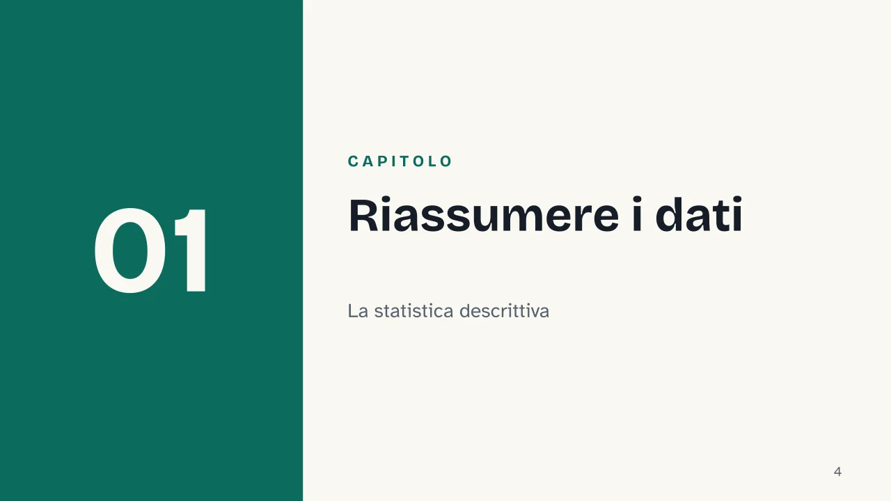 Slide 4 della presentazione su Probabilità e statistica: Capitolo 01: Riassumere i dati