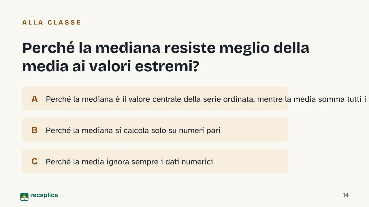 Slide 14 della presentazione su Probabilità e statistica: Perché la mediana resiste meglio della media ai valori estremi?