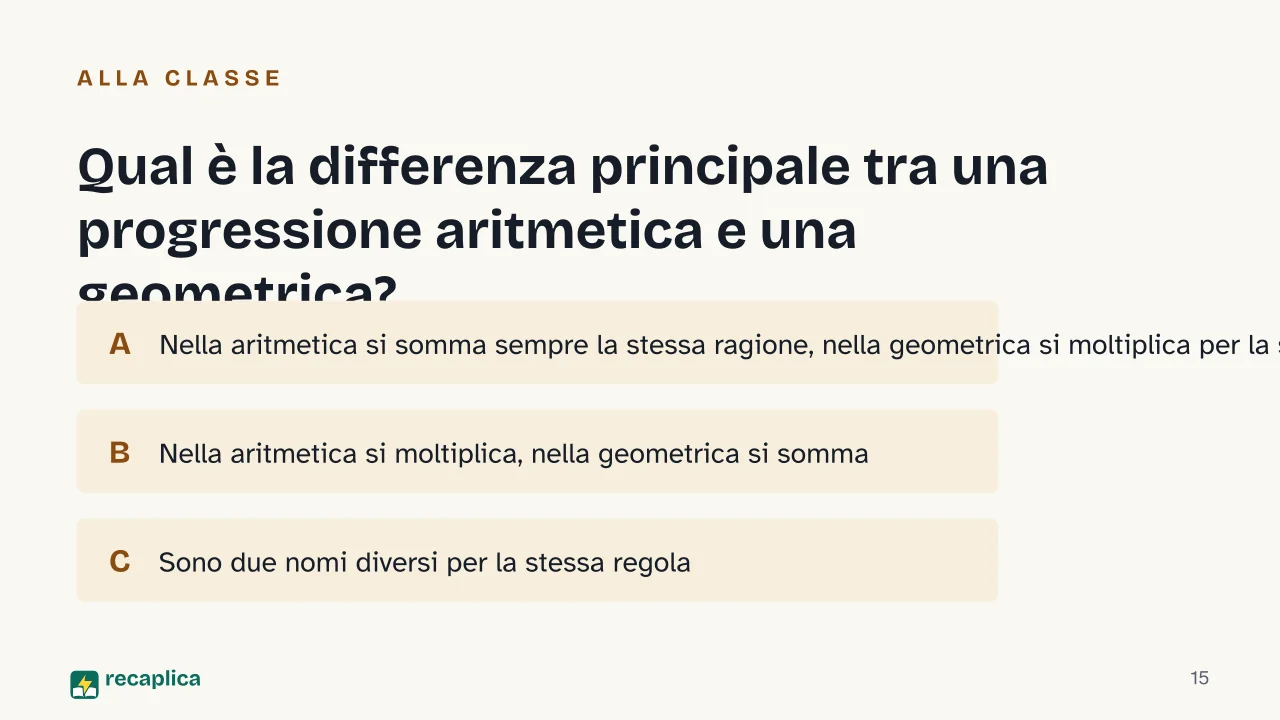 Slide 15 della presentazione su Progressioni aritmetiche e geometriche: Qual è la differenza principale tra una progressione aritmetica e una geometrica?