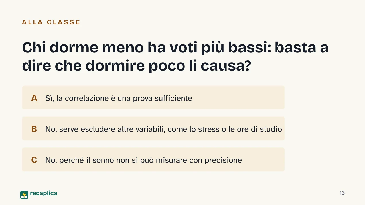 Slide 13 della presentazione su Psicologia scientifica: Chi dorme meno ha voti più bassi: basta a dire che dormire poco li causa?