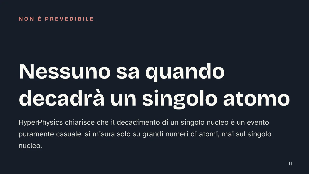 Slide 11 della presentazione su Radioattività: Nessuno sa quando decadrà un singolo atomo