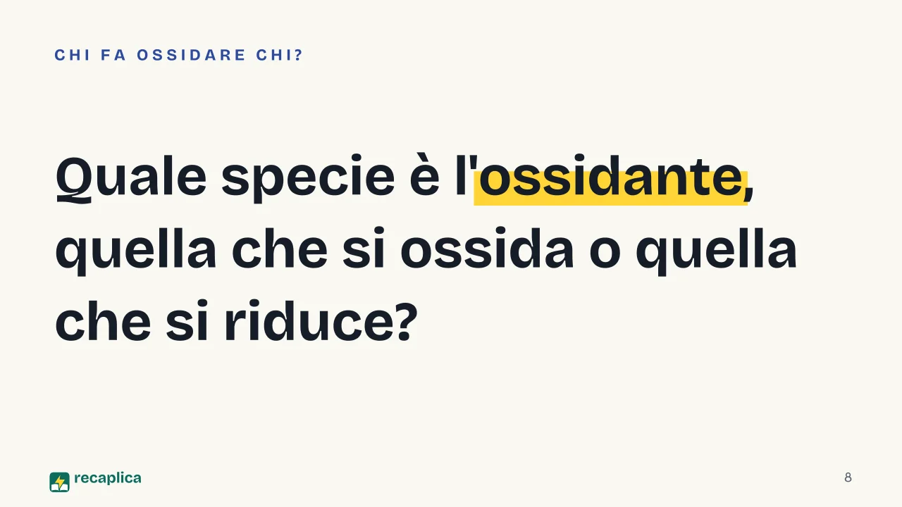 Slide 8 della presentazione su Reazioni redox: Quale specie è l'ossidante, quella che si ossida o quella che si riduce?