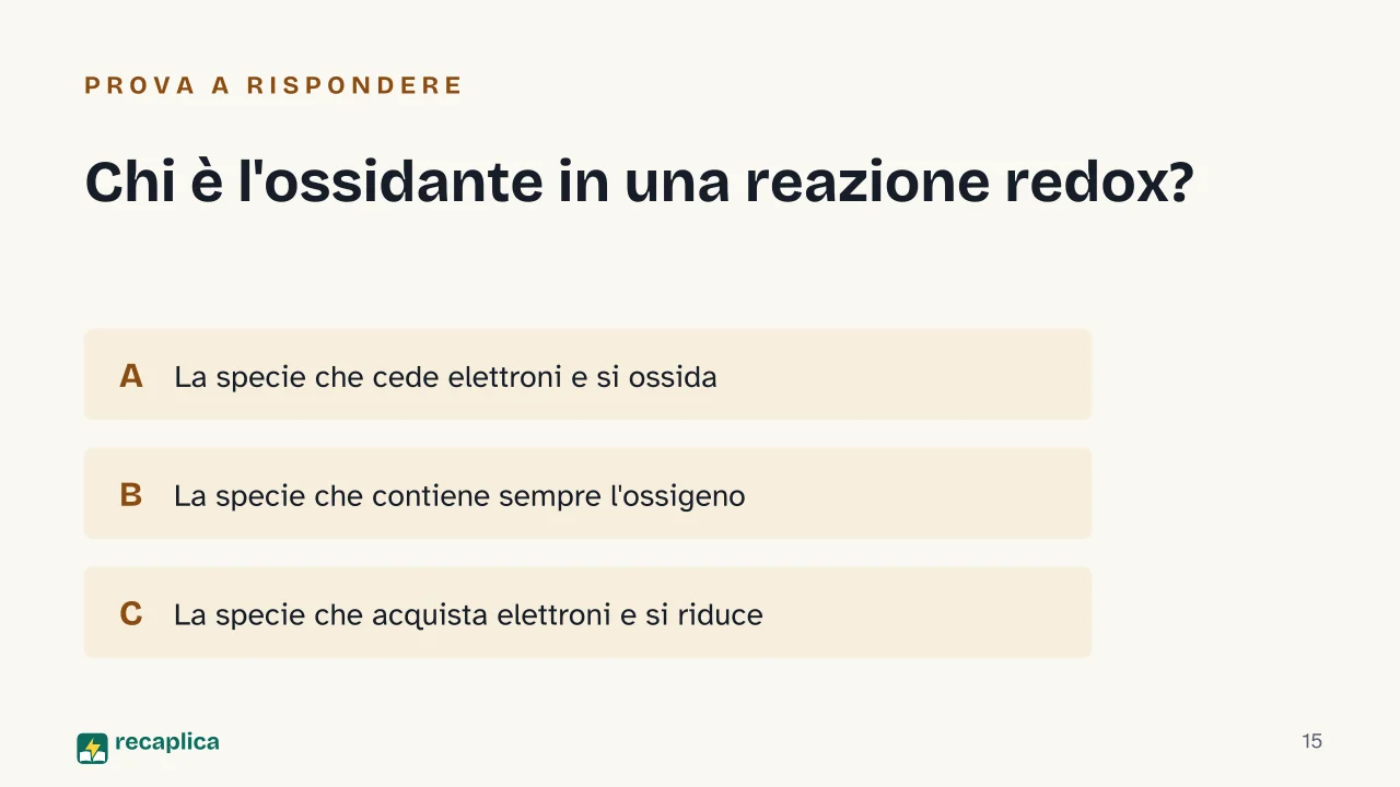 Slide 15 della presentazione su Reazioni redox: Chi è l'ossidante in una reazione redox?