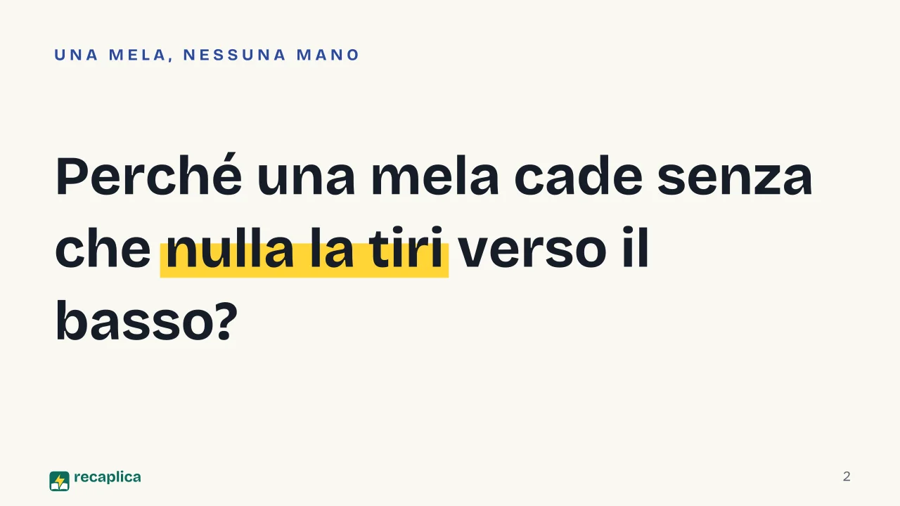 Slide 2 della presentazione su Relatività generale: Perché una mela cade senza che nulla la tiri verso il basso?