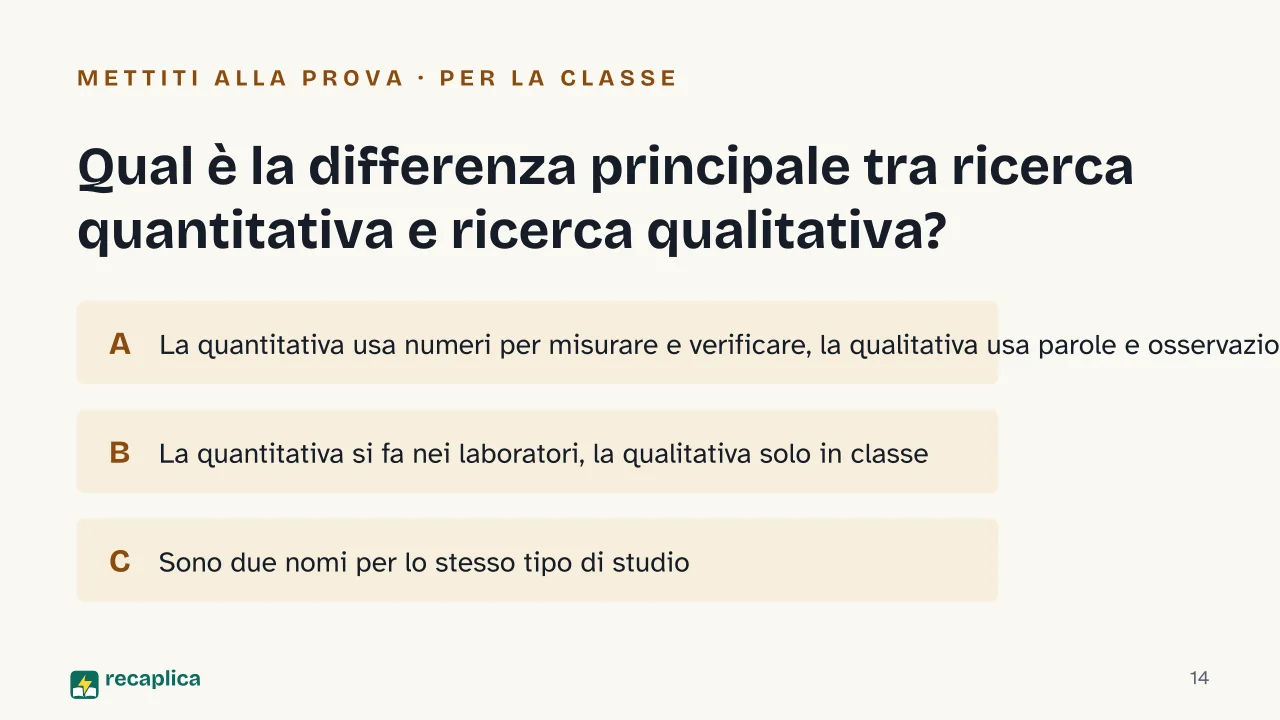 Slide 14 della presentazione su Ricerca qualitativa e quantitativa: Qual è la differenza principale tra ricerca quantitativa e ricerca qualitativa?