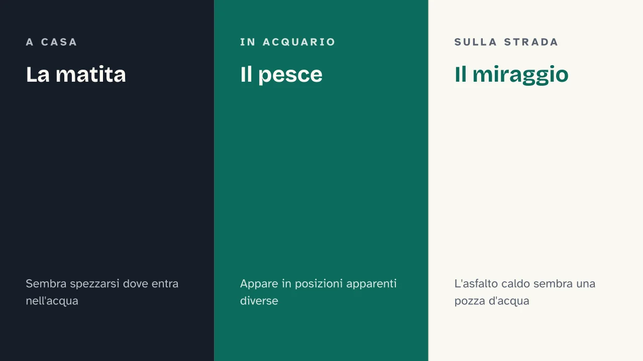 Slide 13 della presentazione su Rifrazione della luce, cos'è e quali sono le sue leggi: La matita · Il pesce · Il miraggio