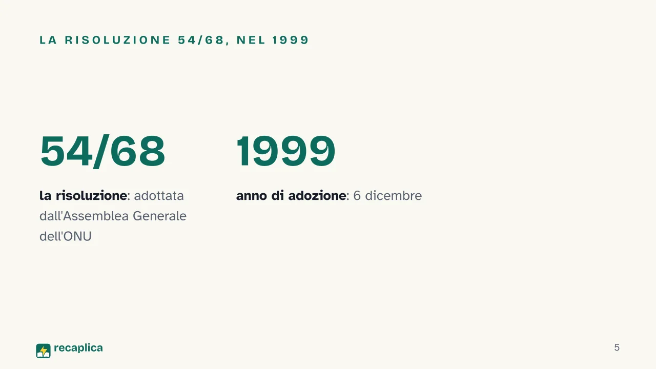 Slide 5 della presentazione su Settimana Mondiale dello Spazio: La risoluzione 54/68, nel 1999