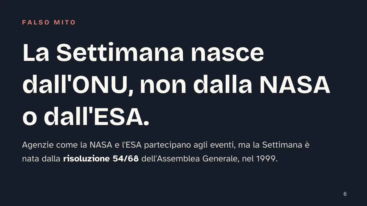 Slide 6 della presentazione su Settimana Mondiale dello Spazio: La Settimana nasce dall'ONU, non dalla NASA o dall'ESA.