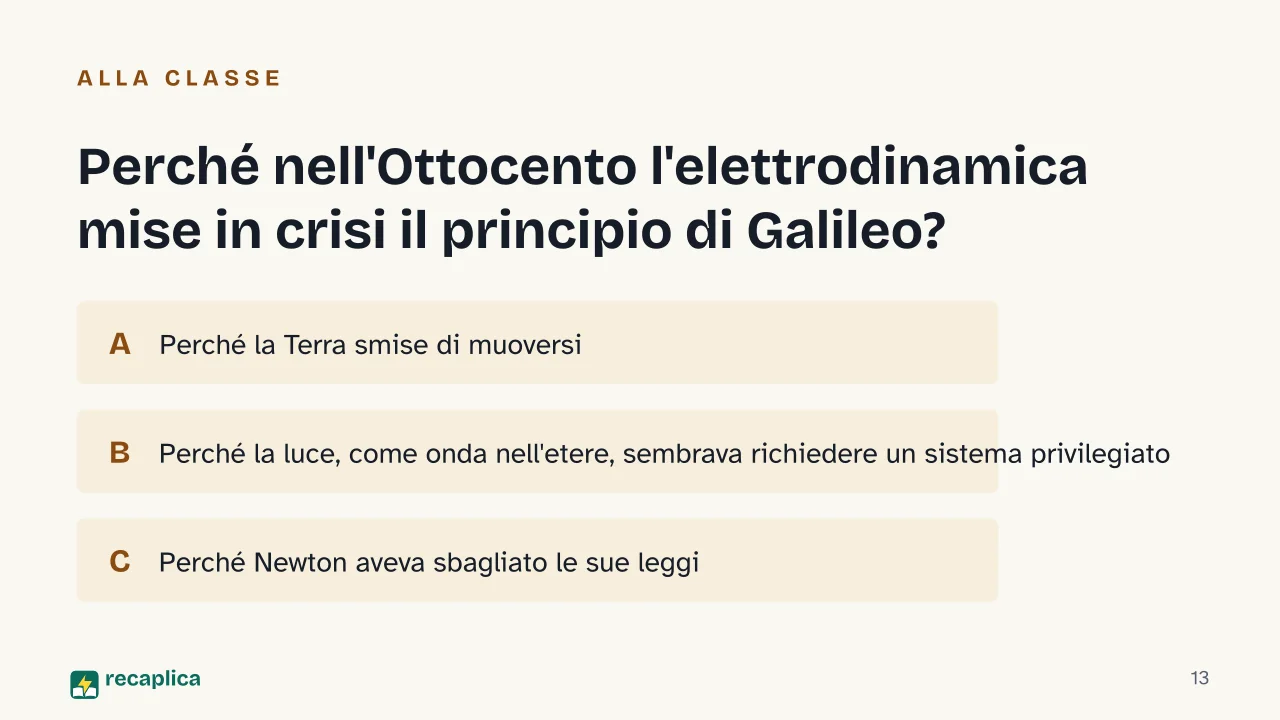 Slide 13 della presentazione su Sistemi di riferimento inerziali: Perché nell'Ottocento l'elettrodinamica mise in crisi il principio di Galileo?