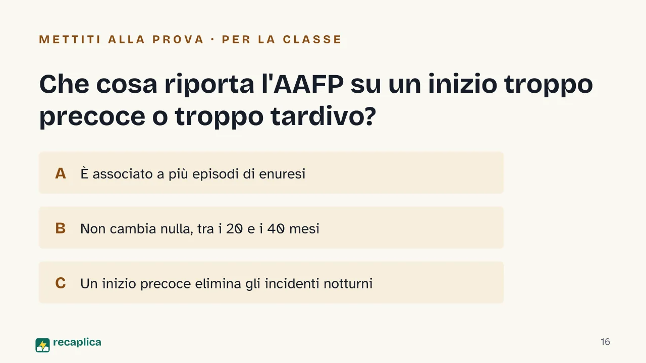 Slide 16 della presentazione su Spannolinamento: Che cosa riporta l'AAFP su un inizio troppo precoce o troppo tardivo?