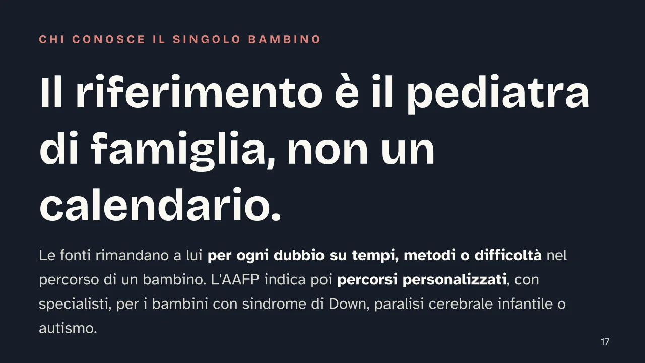 Slide 17 della presentazione su Spannolinamento: Il riferimento è il pediatra di famiglia, non un calendario.