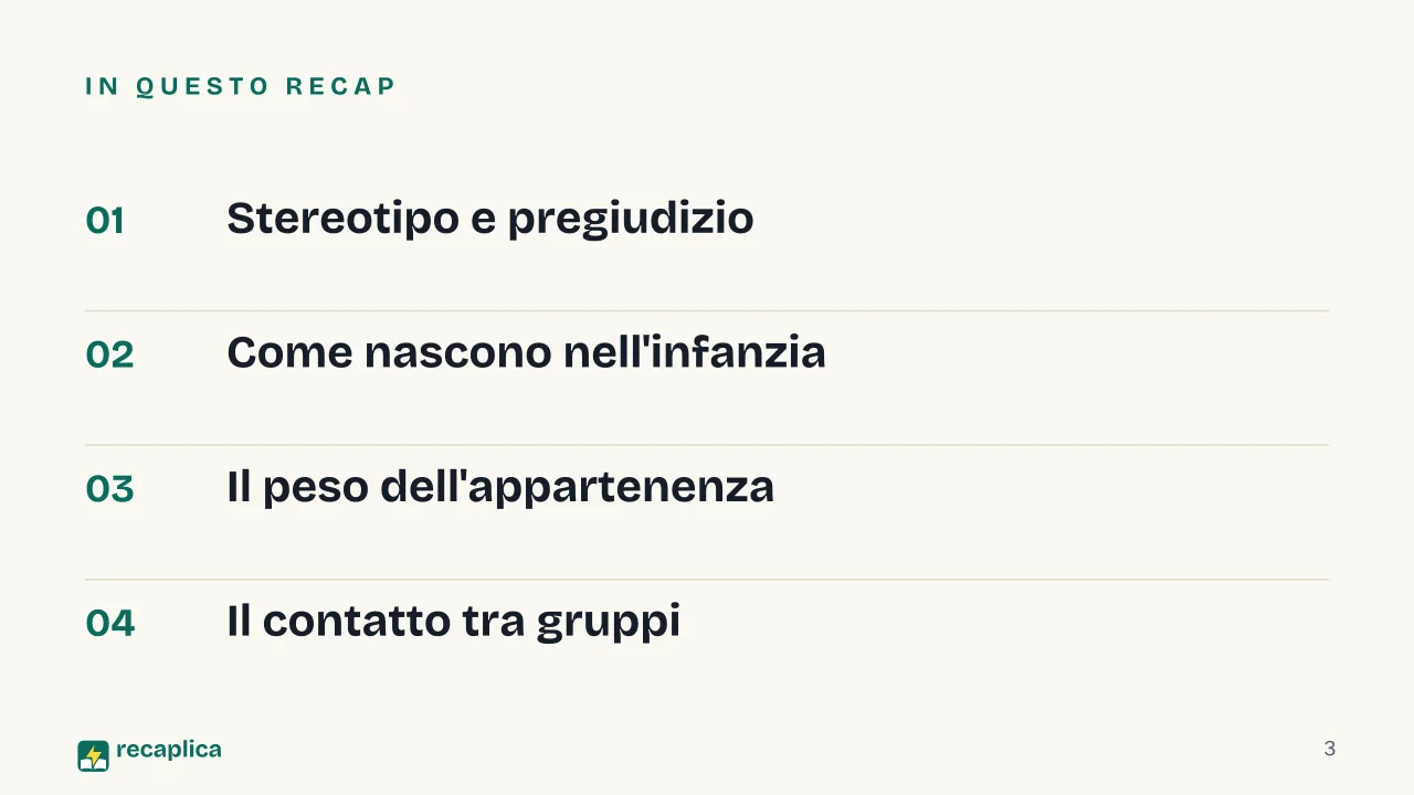Slide 3 della presentazione su Stereotipi e pregiudizi: In questo Recap