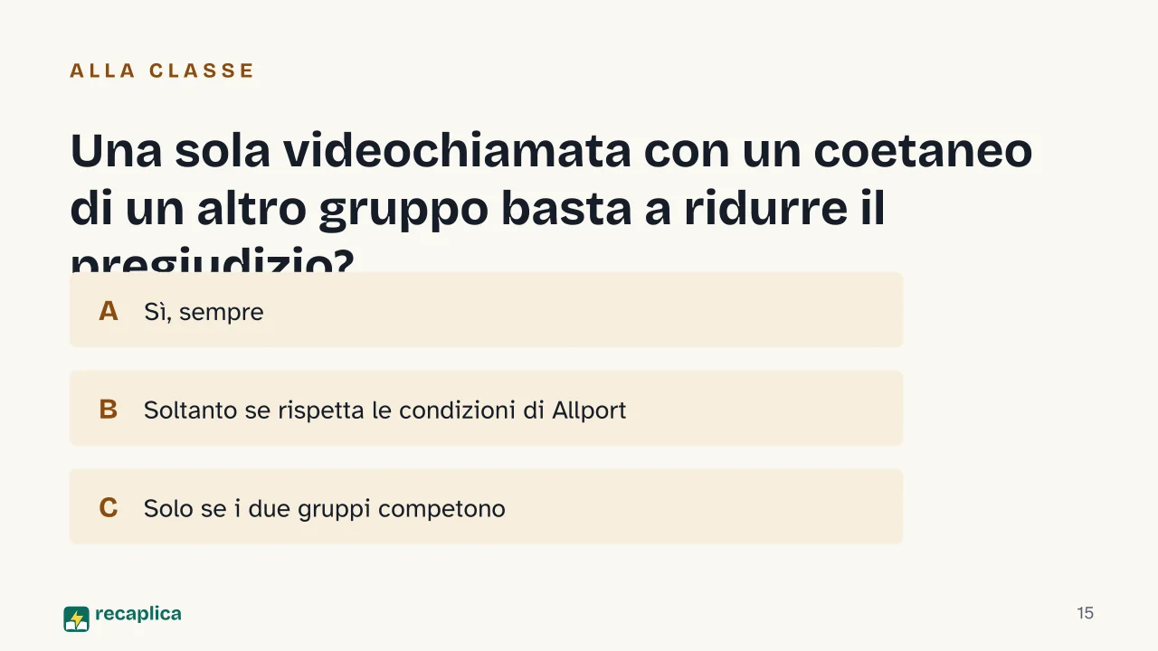 Slide 15 della presentazione su Stereotipi e pregiudizi: Una sola videochiamata con un coetaneo di un altro gruppo basta a ridurre il pregiudizio?