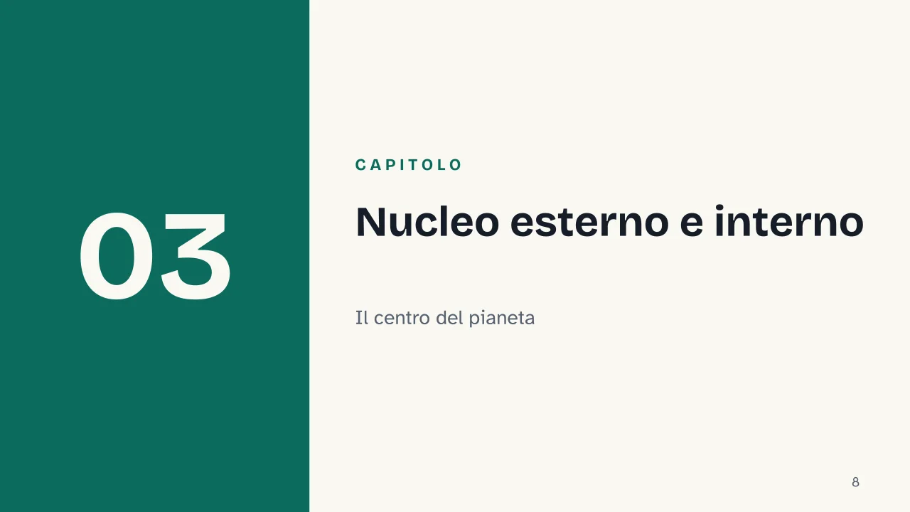 Slide 8 della presentazione su Struttura della Terra: Capitolo 03: Nucleo esterno e interno