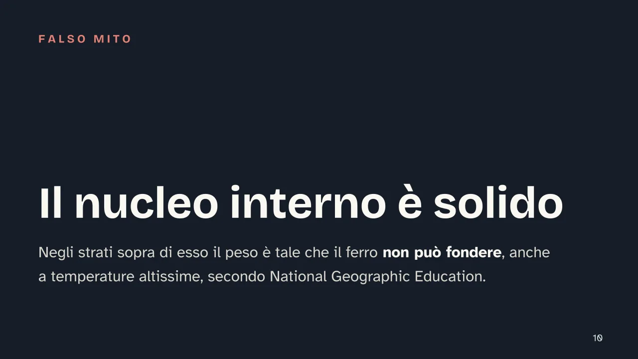 Slide 10 della presentazione su Struttura della Terra: Il nucleo interno è solido