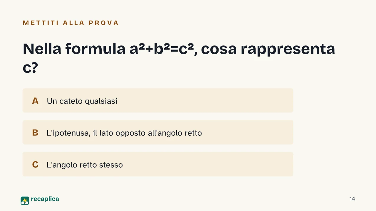 Slide 14 della presentazione su Teorema di Pitagora: Nella formula a²+b²=c², cosa rappresenta c?