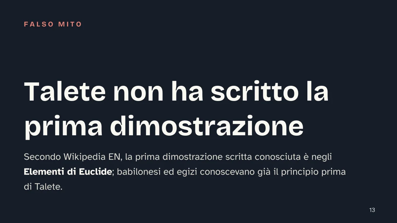 Slide 13 della presentazione su Teorema di Talete: Talete non ha scritto la prima dimostrazione