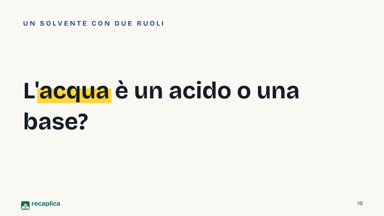 Slide 10 della presentazione su Teoria di Brønsted-Lowry: L'acqua è un acido o una base?