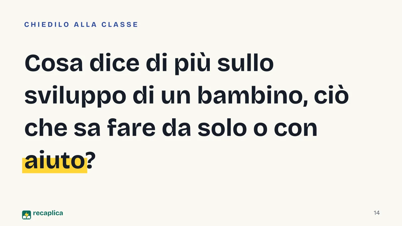 Slide 14 della presentazione su Teoria socioculturale di Vygotskij: Cosa dice di più sullo sviluppo di un bambino, ciò che sa fare da solo o con aiuto?