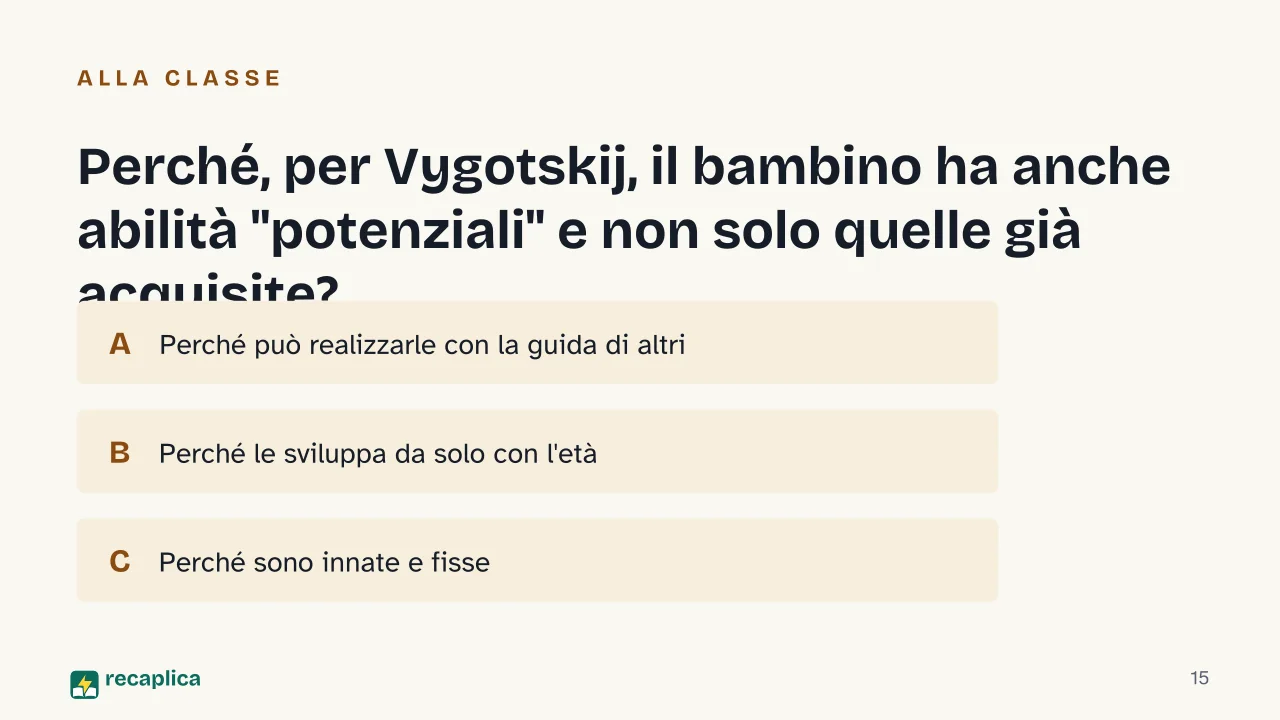 Slide 15 della presentazione su Teoria socioculturale di Vygotskij: Perché, per Vygotskij, il bambino ha anche abilità "potenziali" e non solo quelle già acquisite?
